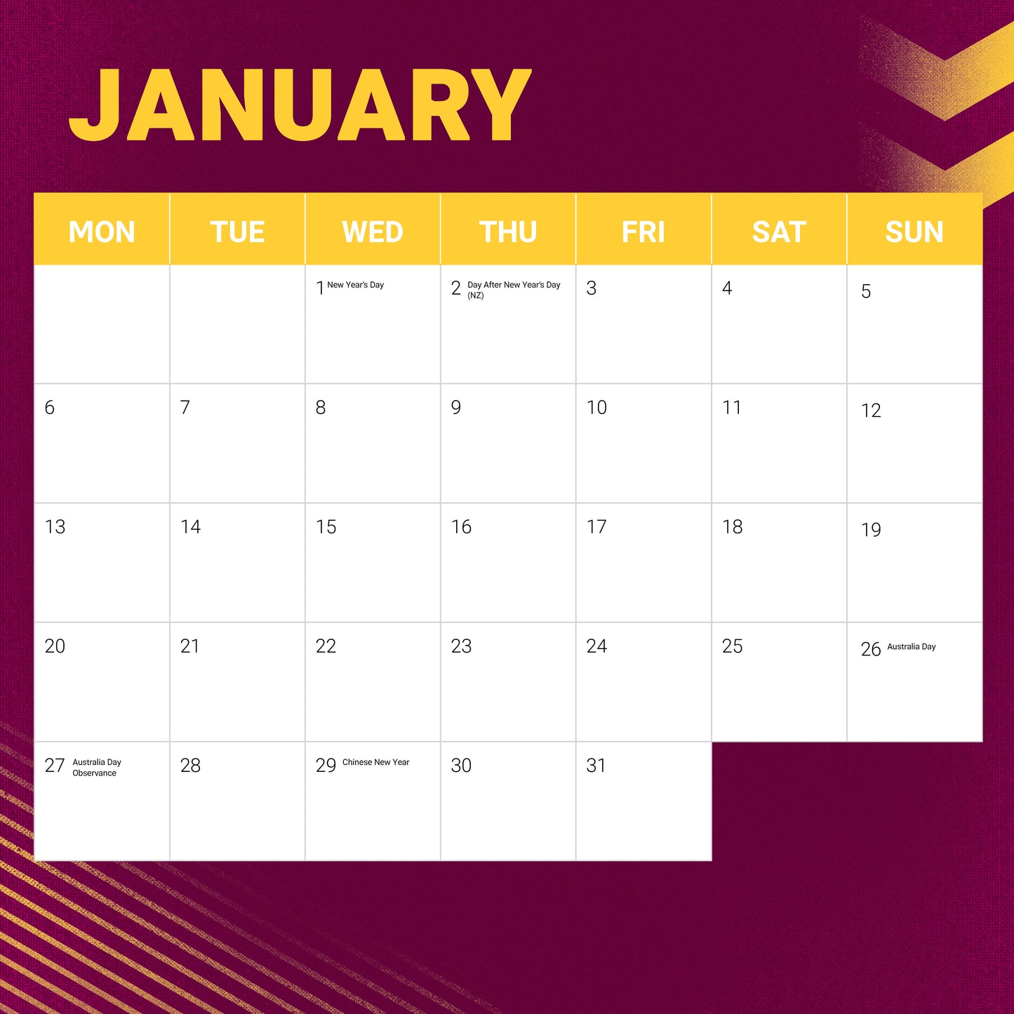 Brisbane Broncos 2025 Calendar