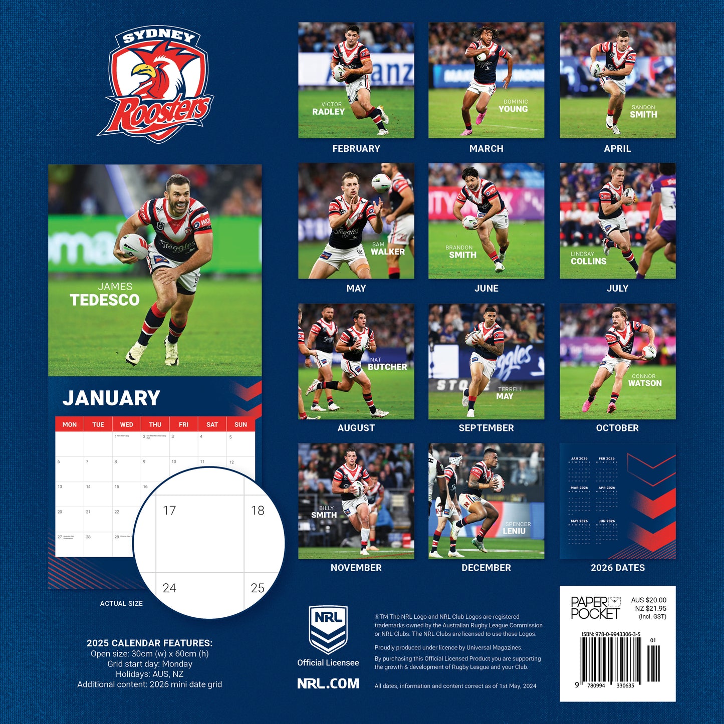 Sydney Roosters 2025 Calendar