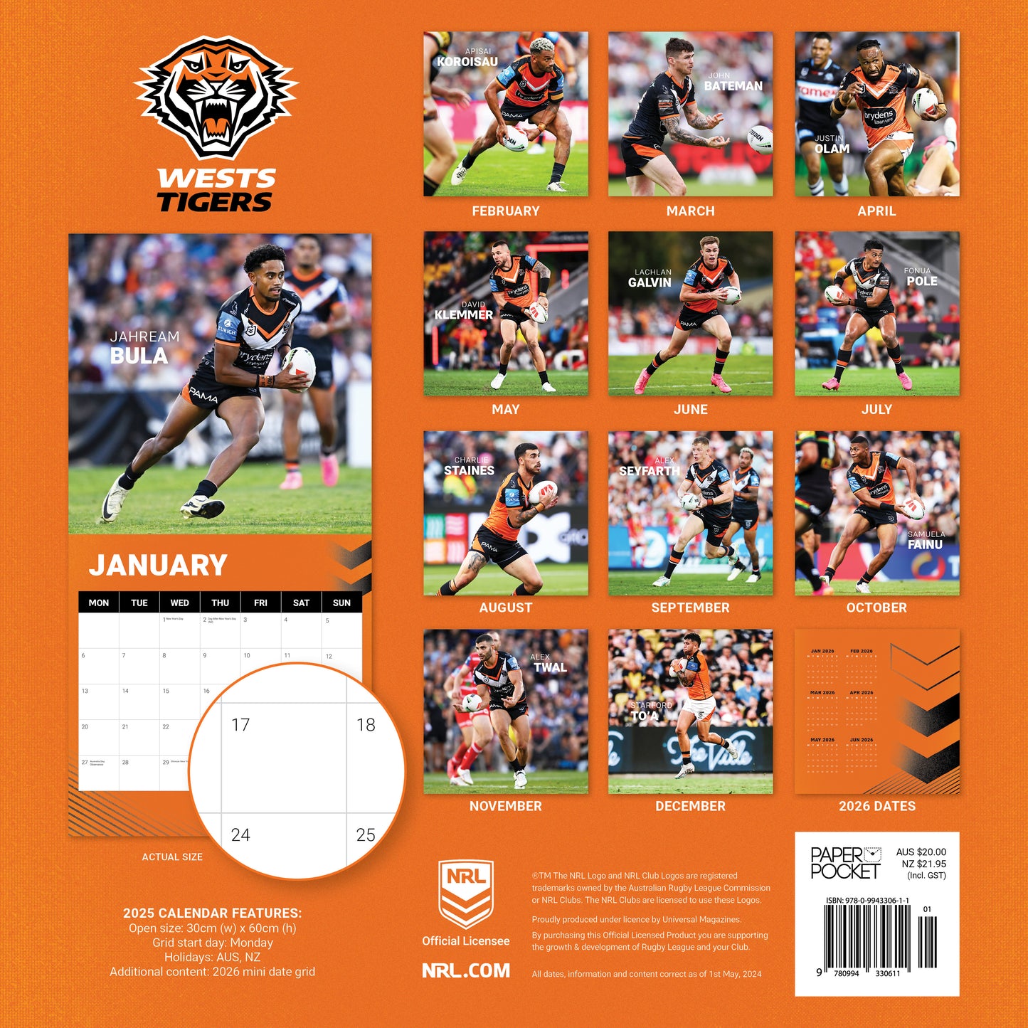 Wests Tigers 2025 Calendar